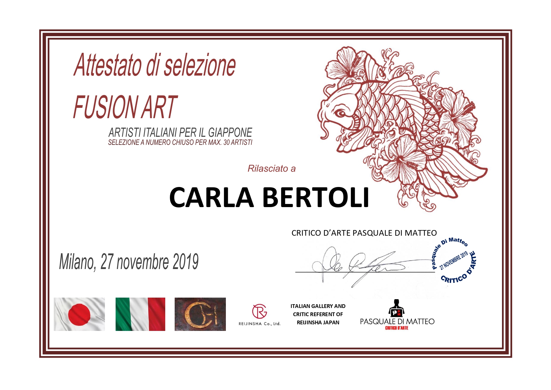 Certificato di Selezione - Fusion Art Giappone - Anno 2019